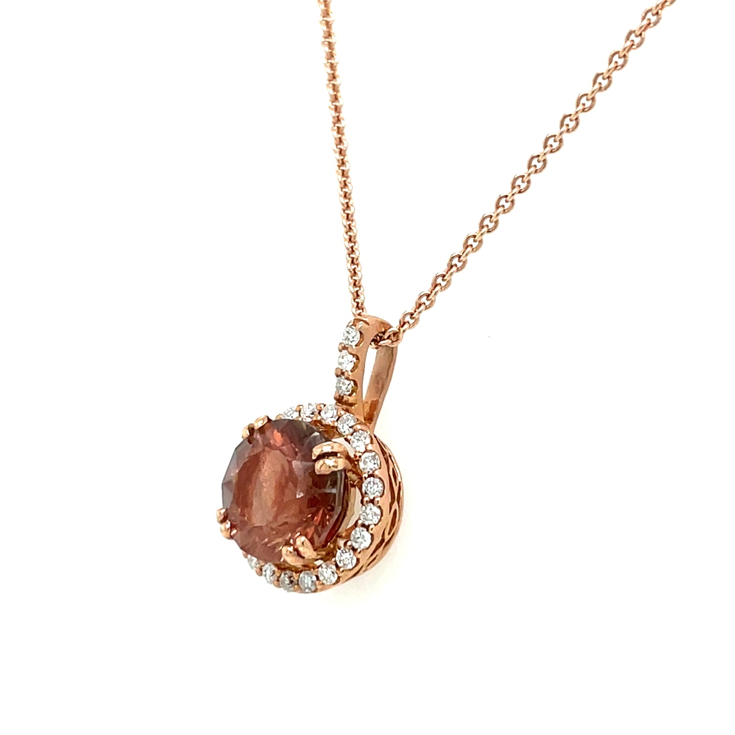 Round Sunstone & Diamond Halo 14KR Pendant