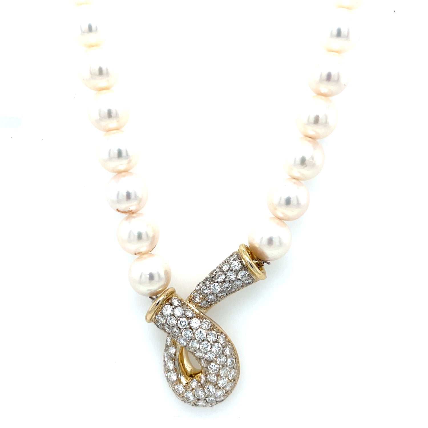 Estate 14K Yellow Gold Pearl Necklace with Diamond Curly Pendant – 15” Single Strand, 2ct Round Brilliant Diamonds