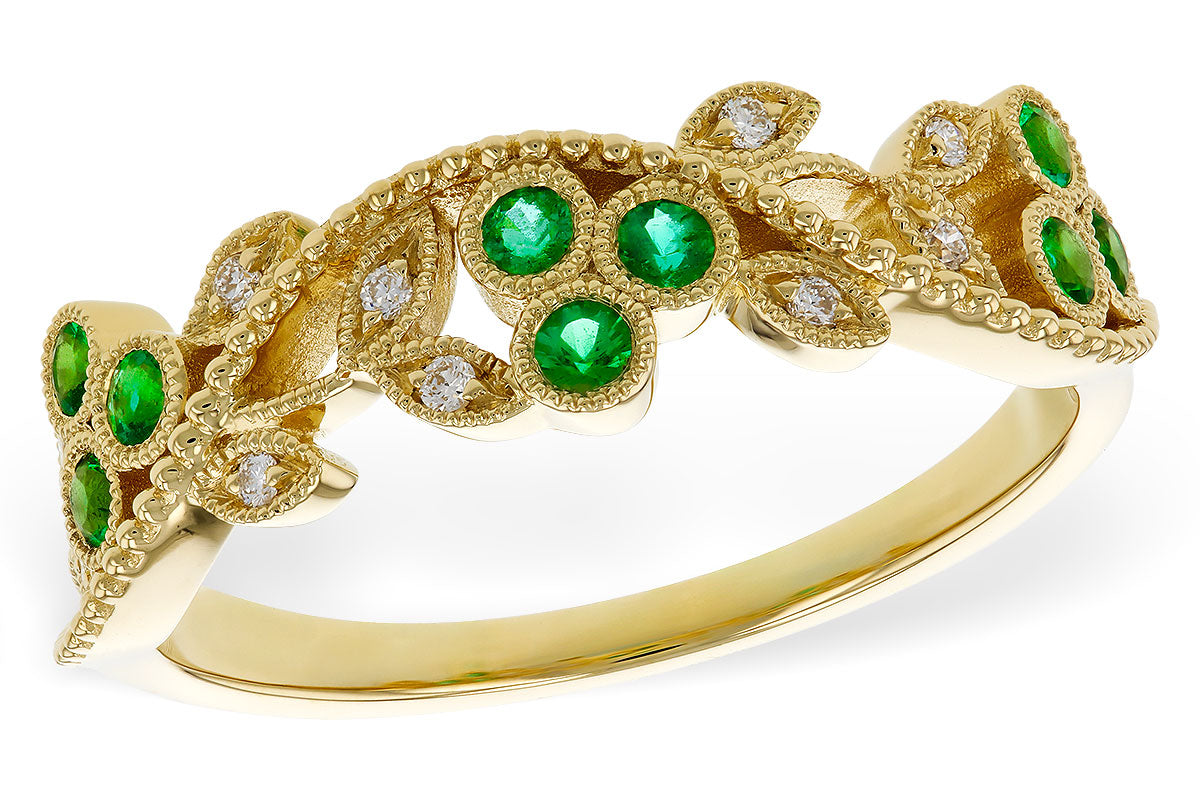 Allison Kaufman Emerald & Diamond Milgrain Band in 14K Yellow Gold, 0.23 ctw