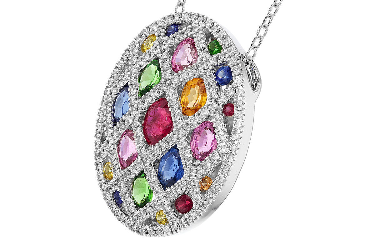 Allison Kaufman Multi-Color Sapphire & Diamond Oval Pendant in 14K White Gold, 3.00 ctw, alternate view