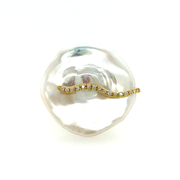 14 Karat Yellow Gold Coin Pearl and Diamond Ring