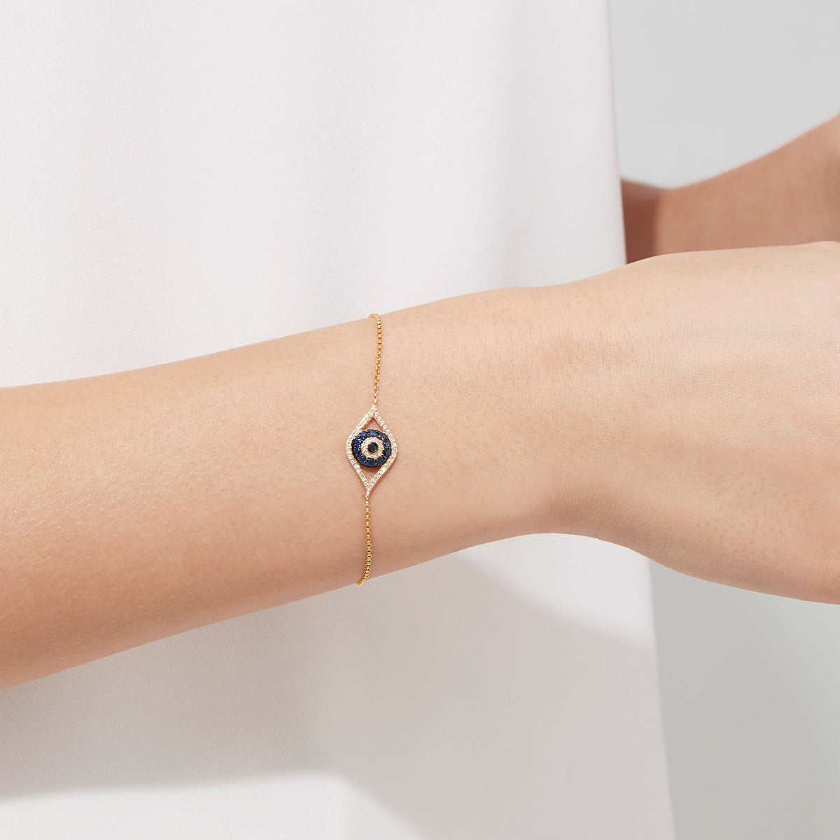 Sapphire & Diamond Evil Eye Bracelet in 14K Yellow Gold, 0.43 ctw view 2