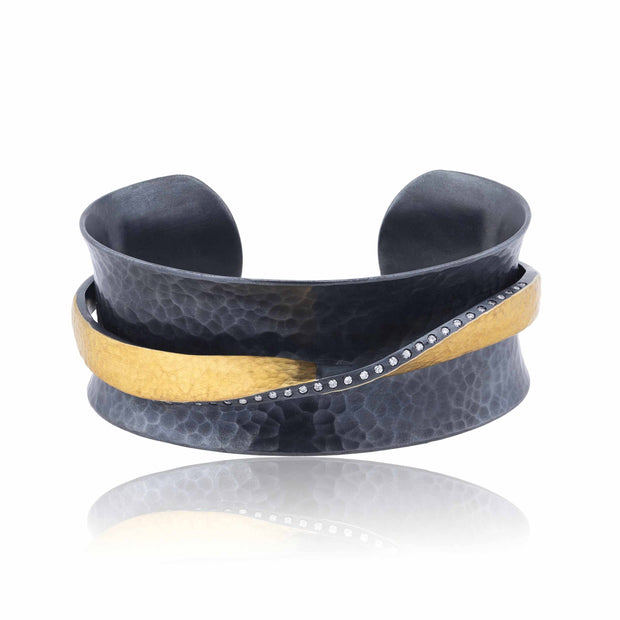 24 Karat Gold and Oxidized Sterling Silver "Twist" Diamond Cuff Bracelet