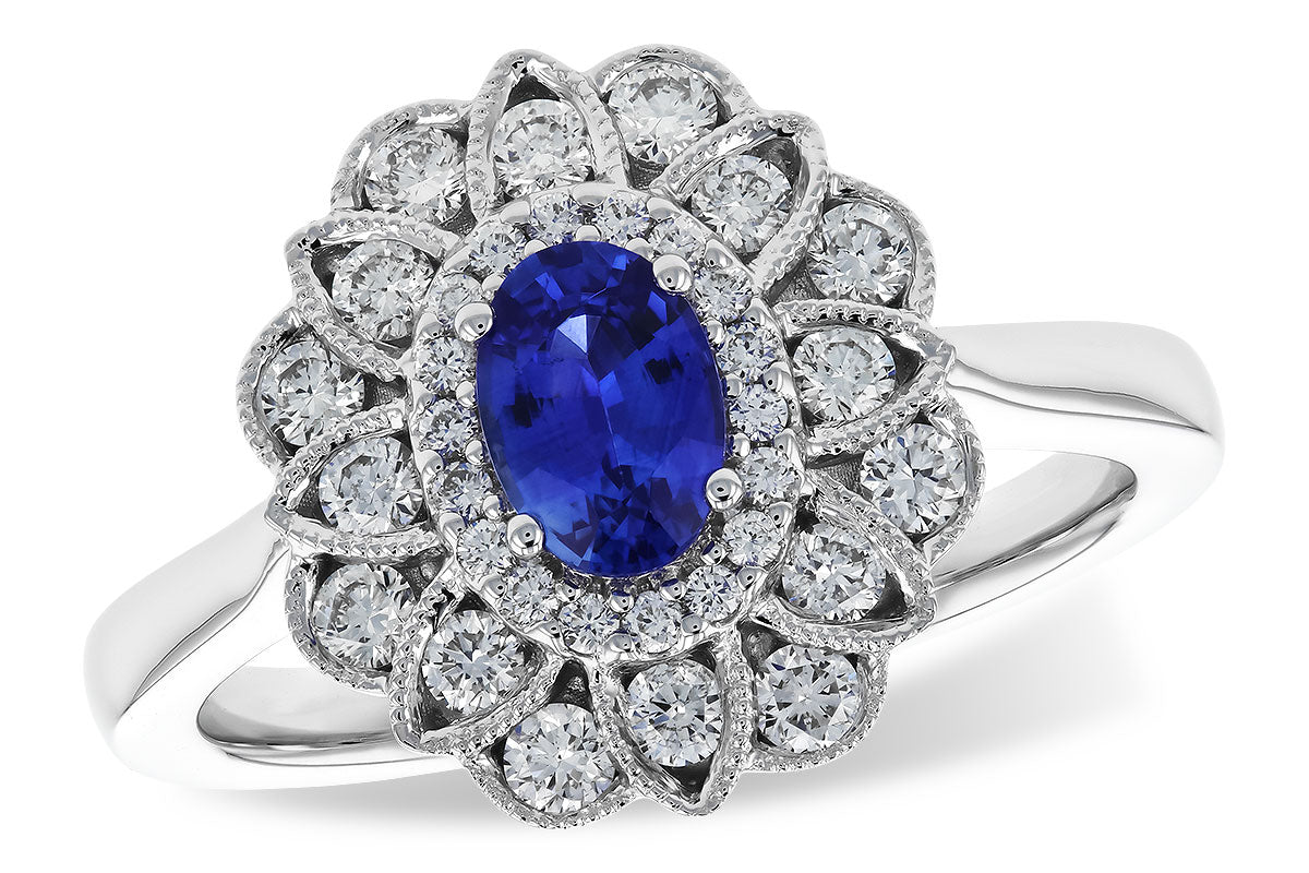 Allison Kaufman Blue Sapphire & Diamond Flower Halo Ring in 14K White Gold, 1.12 ctw