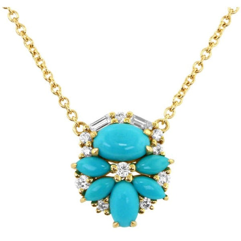 14 Karat Yellow Gold Turquoise Necklace with Diamonds