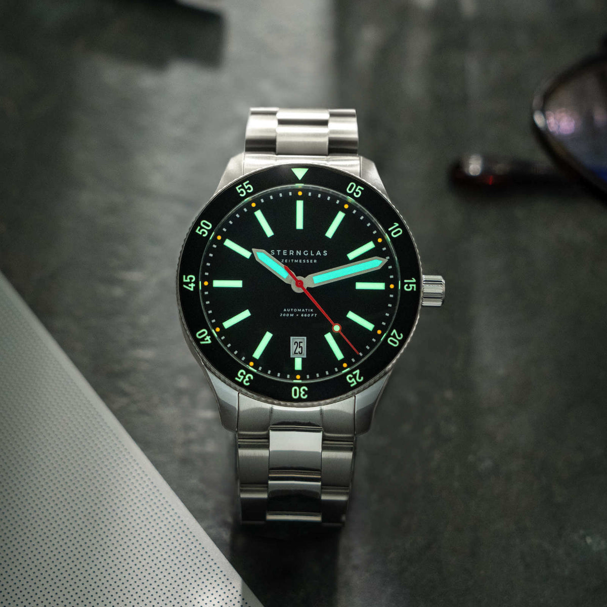 Sternglas "Marus 2.0" Automatic Dive Watch in Stainless Steel, Black Dial