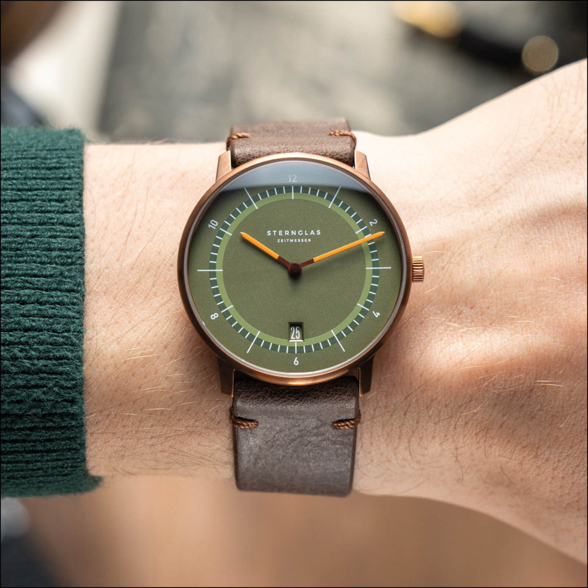 Sternglas "Naos Edition 1905" Quartz Watch in Bronze-Tone Steel, Dark Green Dial