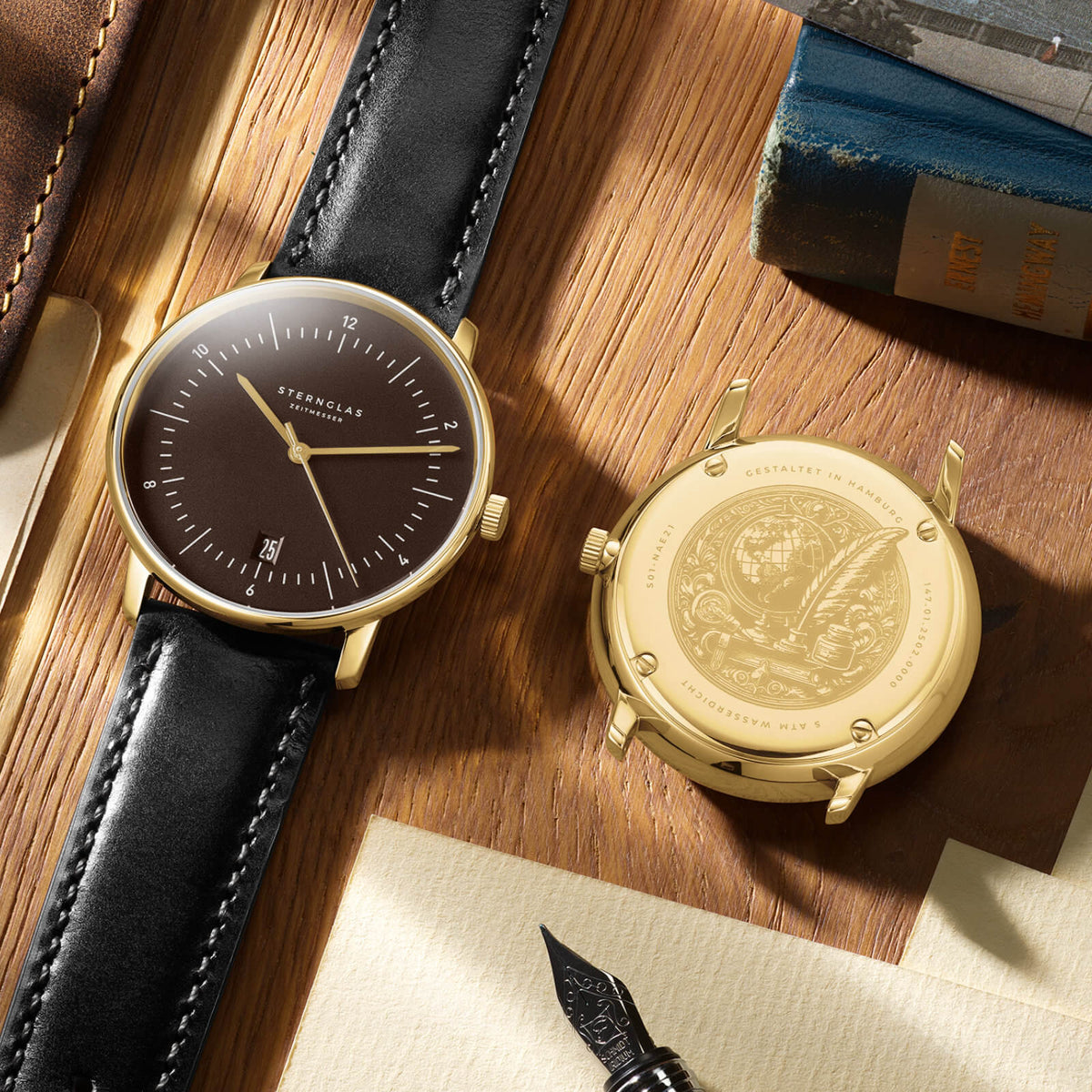 Sternglas "Naos Edition Heritage" Quartz Watch in Gold-Tone, Espresso Brown Dial