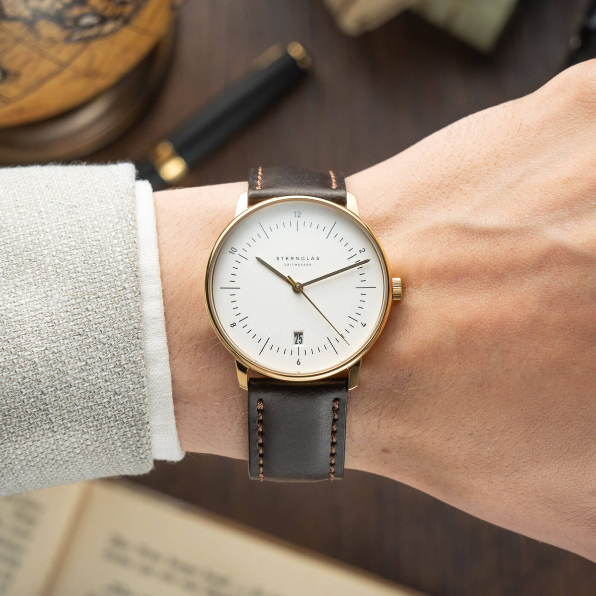 Sternglas "Naos Edition Heritage" Quartz Watch in Gold-Tone Steel, White Dial