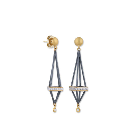 22 Karat Yellow Gold and Oxidized Sterling Silver "Caged" Diamond Earrings