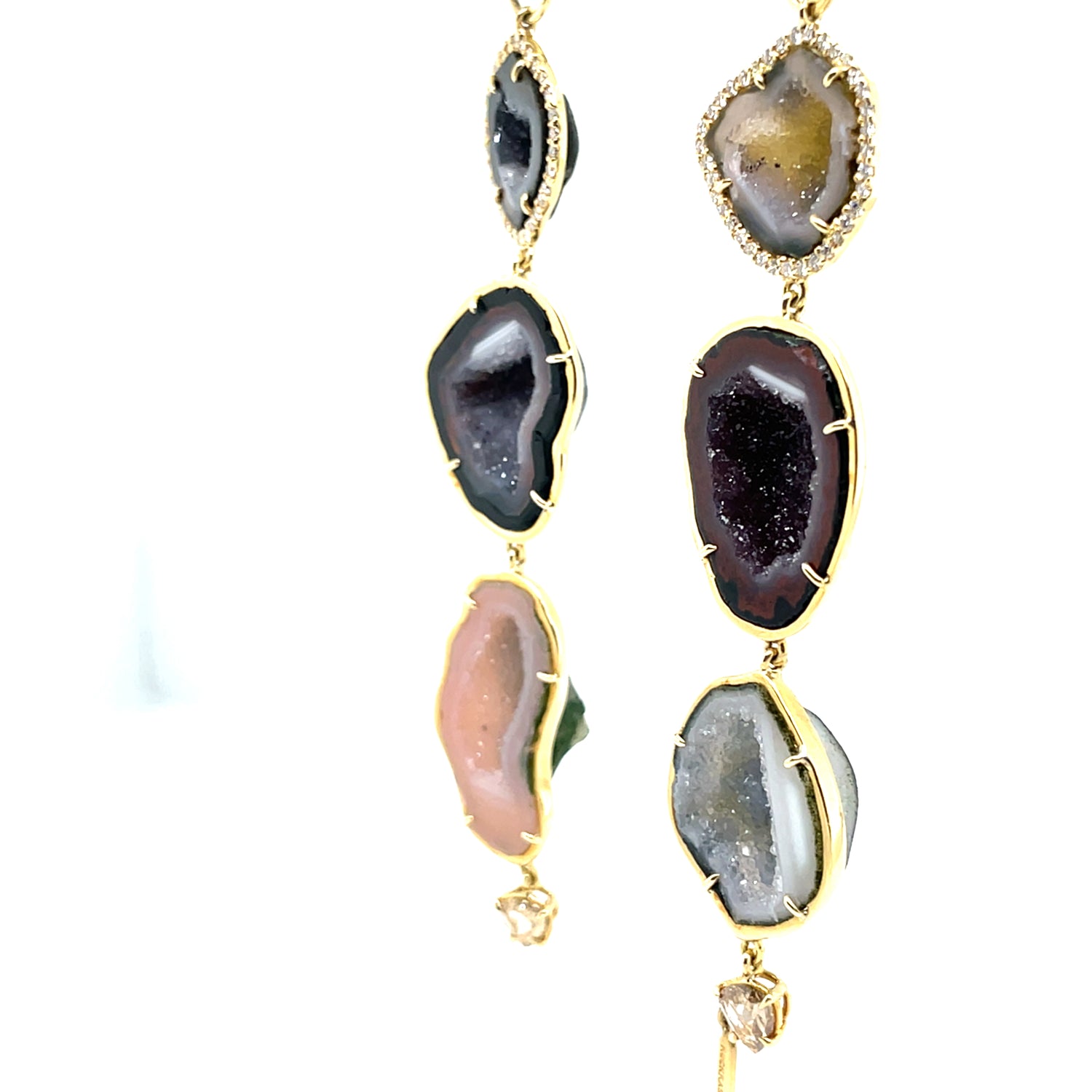 18 Karat Yellow Gold Geode Drusy Quartz 3-tier earring