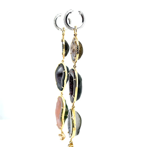 18 Karat Yellow Gold Geode Drusy Quartz 3-tier earring
