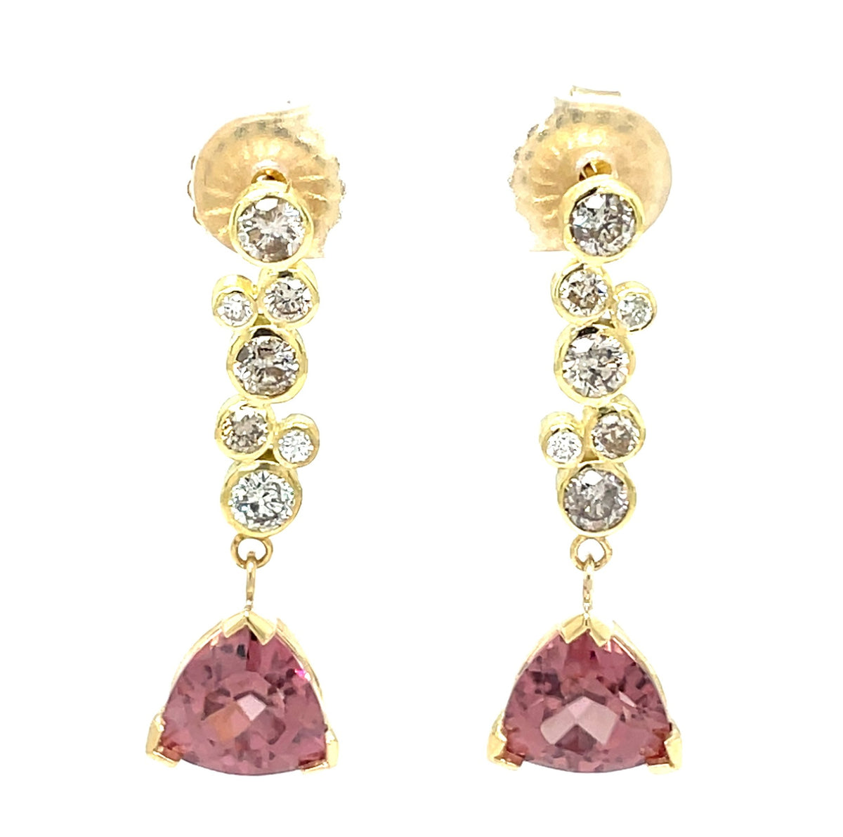 Jenny O Couture Pink Zircon & Champagne Diamond Drop Earrings in 18K Yellow Gold