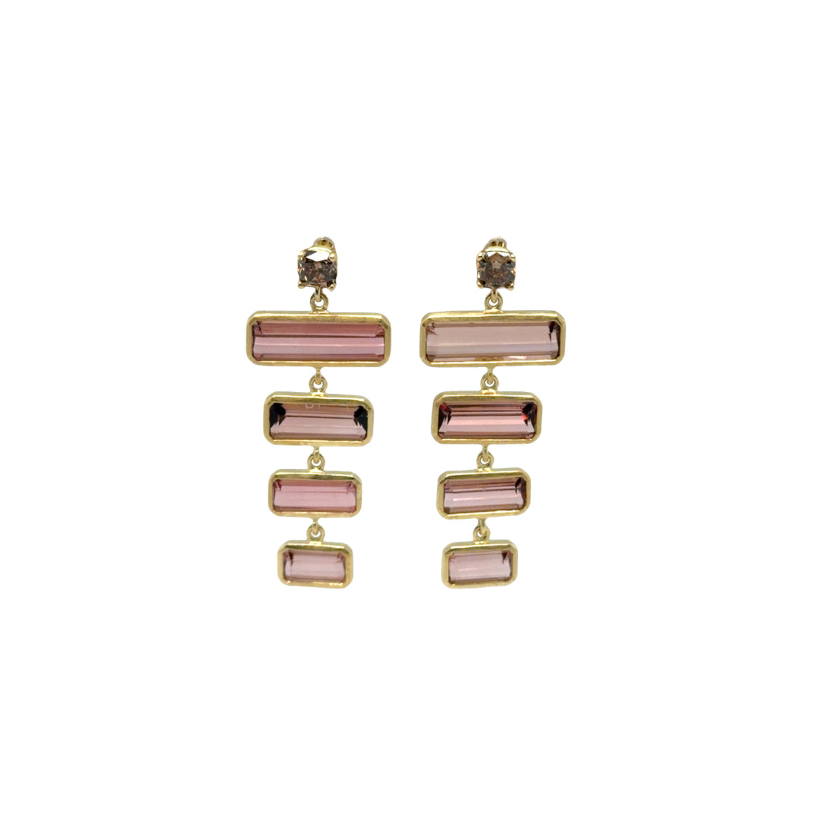 Kimberly Collins Pink Tourmaline & Cognac Diamond Drop Earrings in 18K Yellow Gold, 8.65 ctw