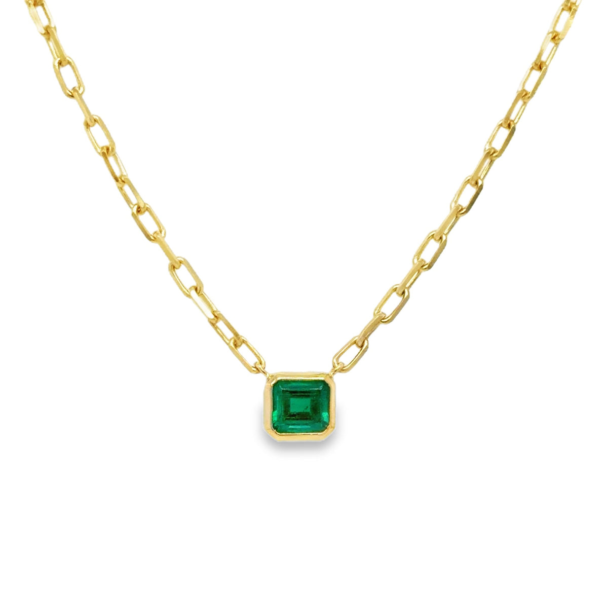 Jenny O Couture Colombian Emerald Bezel Pendant Necklace in 14K Yellow Gold, 0.78 ct