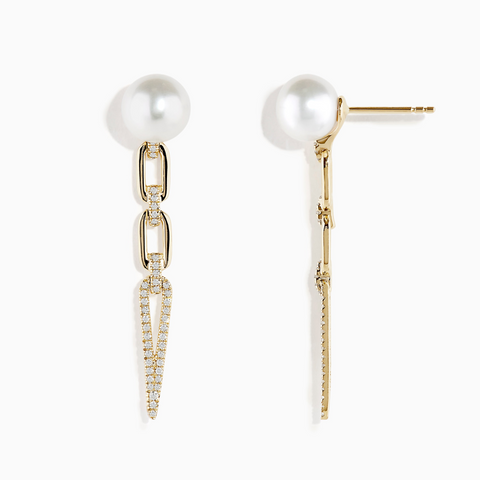 14K Yellow Gold Freshwater Pearl and Diamond Drop Earrings