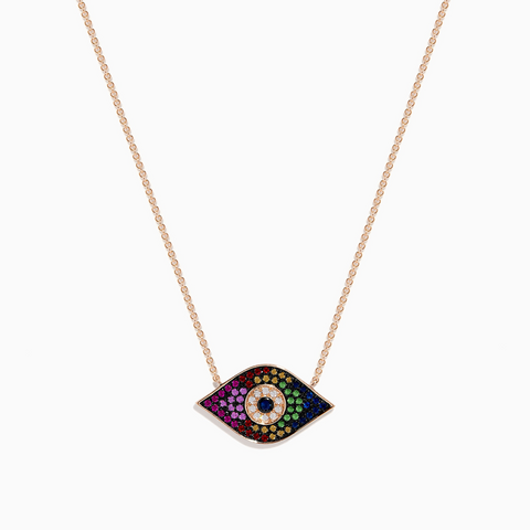 14K Rose Gold Multi Sapphire & Diamond Evil Eye Necklace