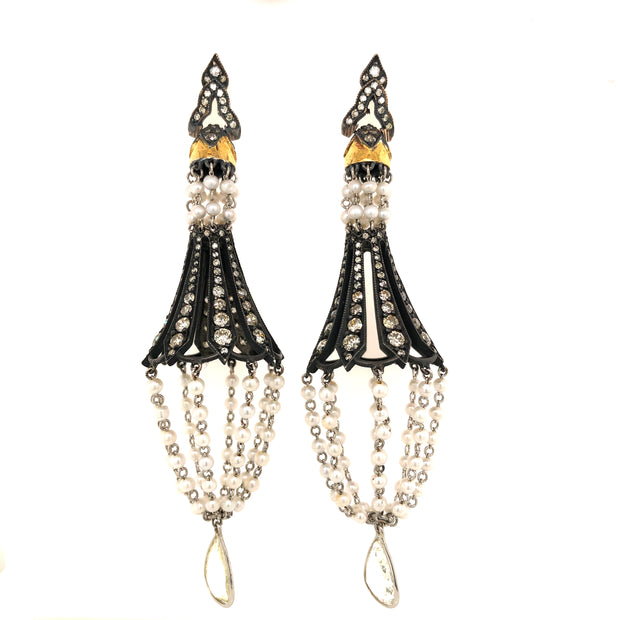 Diamond and pearl chandelier earrings