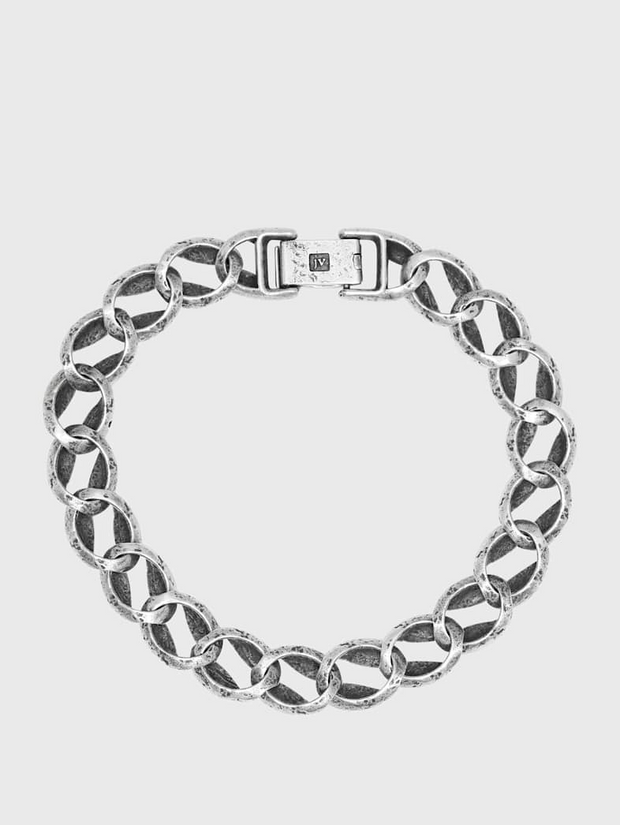 John Varvatos Fleur De Lis Sterling Silver All Around Link Bracelet, 10mm Distressed Curbed Links, with No Stone