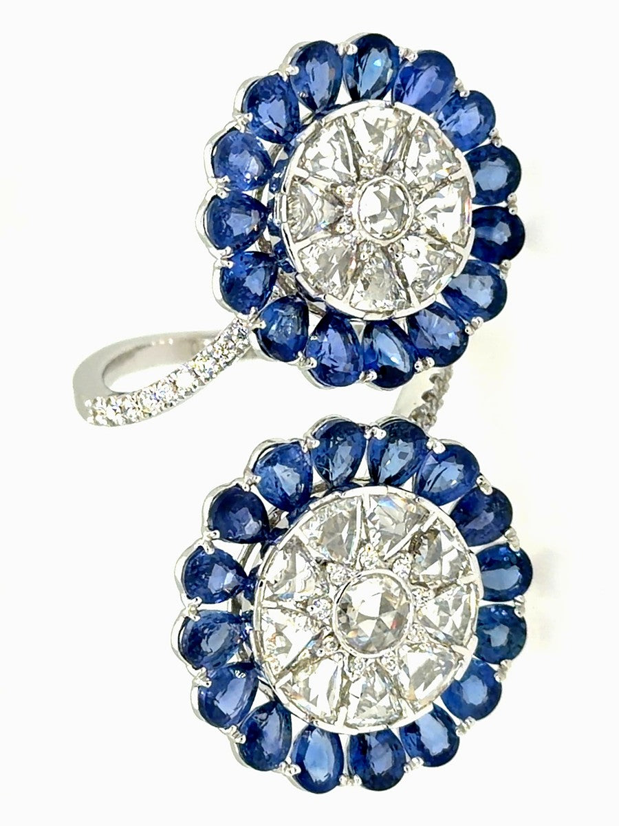Sapphire and diamond double spinwheel ring in 18K white gold