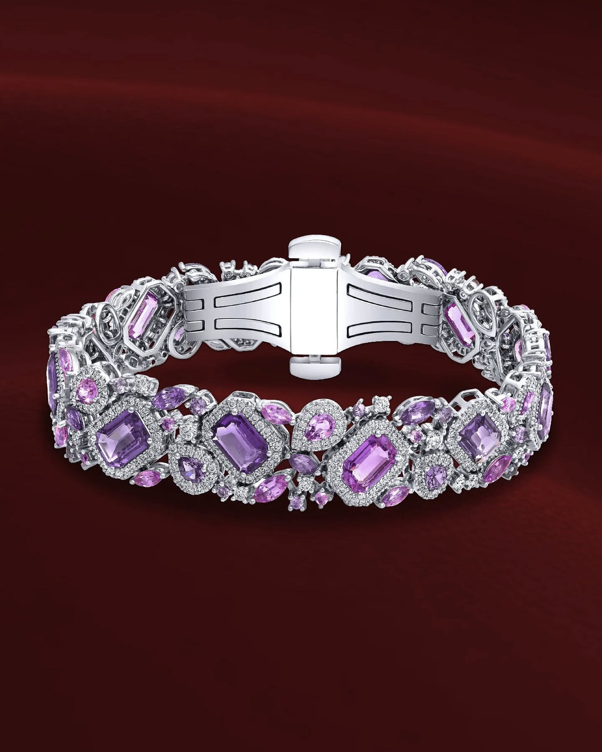 Diamond and purple amethyst gemstone bracelet in white gold
