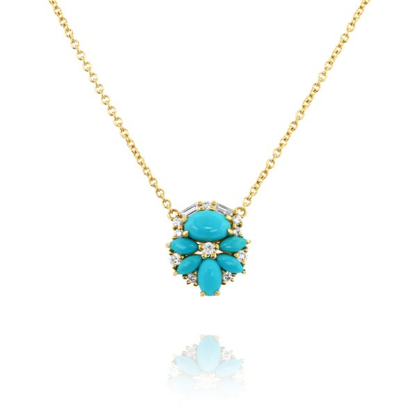 14 Karat Yellow Gold Turquoise Necklace with Diamonds