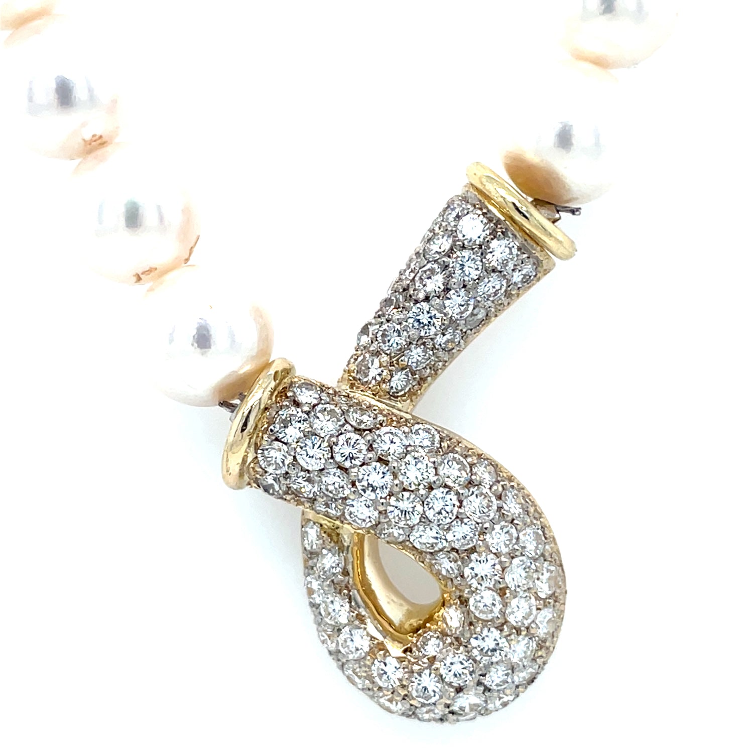 Estate 14K Yellow Gold Pearl Necklace with Diamond Curly Pendant – 15” Single Strand, 2ct Round Brilliant Diamonds