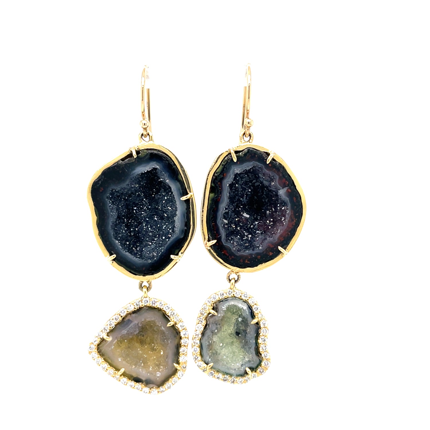 14 Karat Yellow Gold Geode Drusy Quartz 2- tier Dangle Earring
