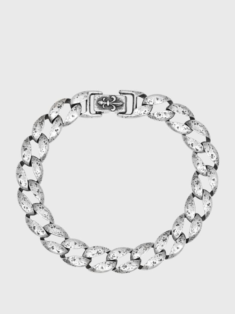 John Varvatos Fleur De Lis Sterling Silver All Around Link Bracelet, 10mm Distressed Curbed Links, with No Stone
