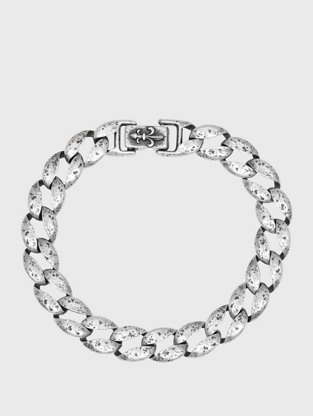 John Varvatos Fleur De Lis Sterling Silver All Around Link Bracelet, 10mm Distressed Curbed Links, with No Stone
