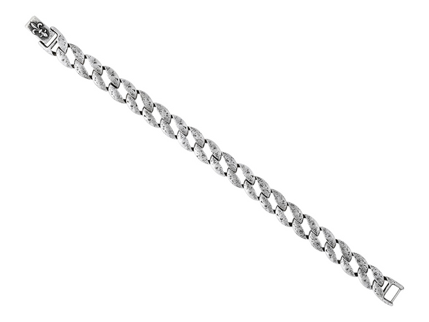 John Varvatos Fleur De Lis Sterling Silver All Around Link Bracelet, 10mm Distressed Curbed Links, with No Stone