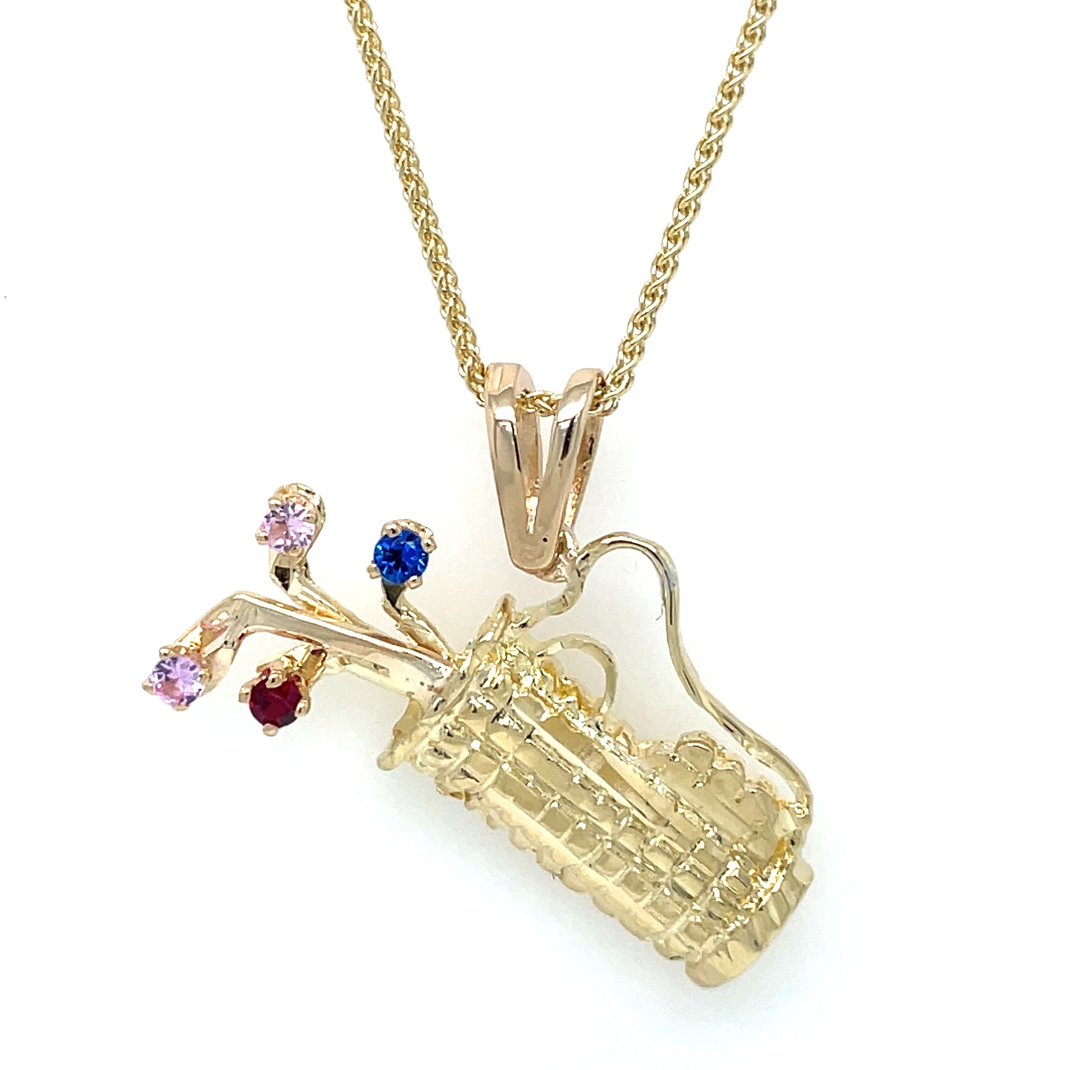 Multi-Color Stone Golf Bag Pendant | 14K Yellow Gold Estate Piece with Red, Blue & Pink Stones – Chain Sold Separately