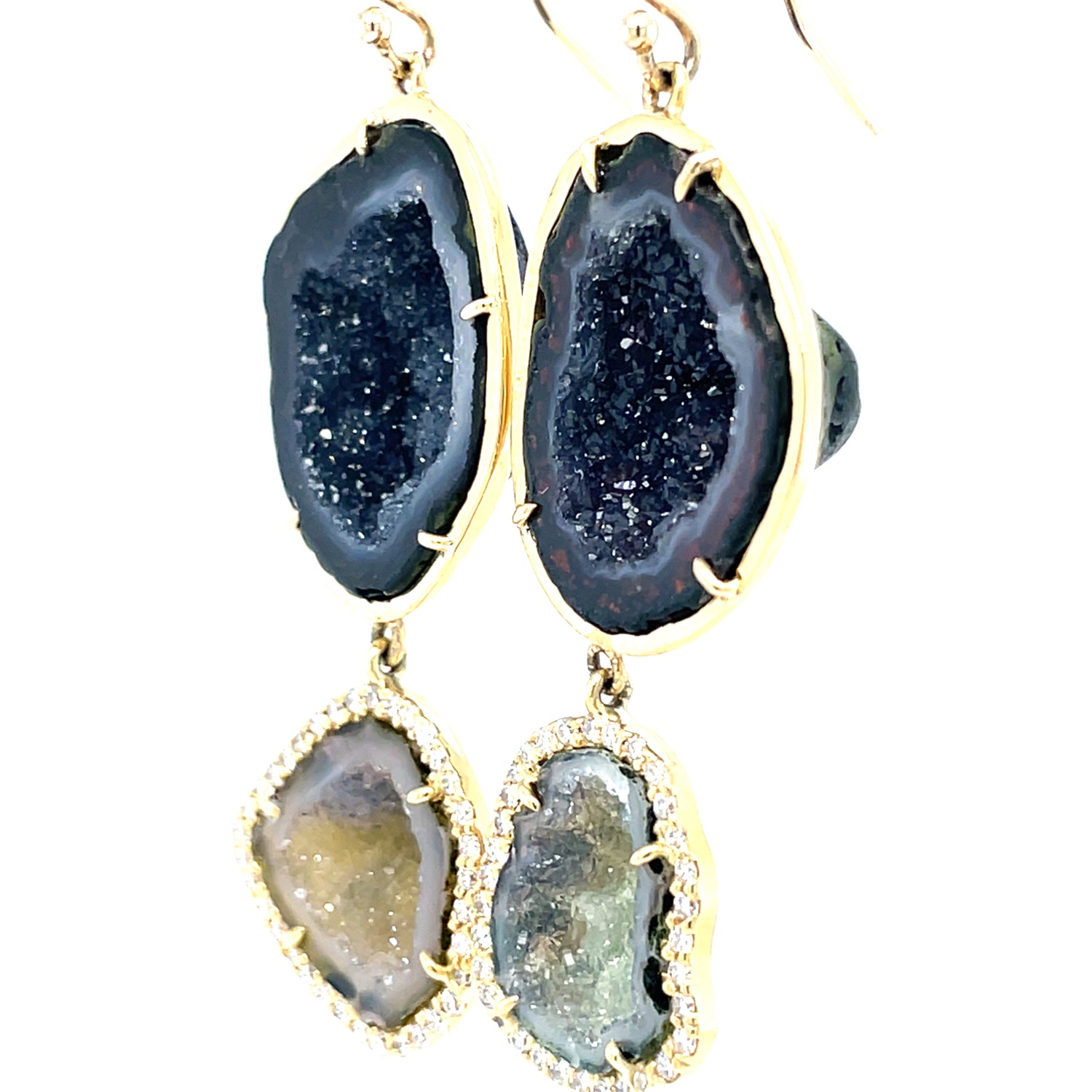 14 Karat Yellow Gold Geode Drusy Quartz 2- tier Dangle Earring