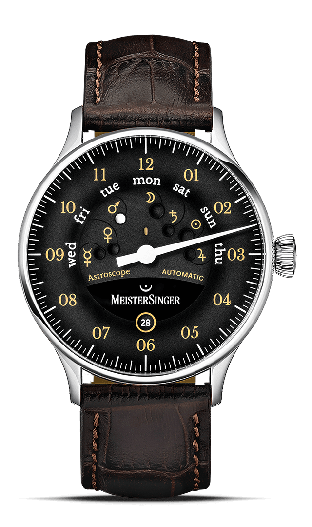 MeisterSinger "Astroscope" Day-Date Automatic in SS, Black/Old Radium Dial