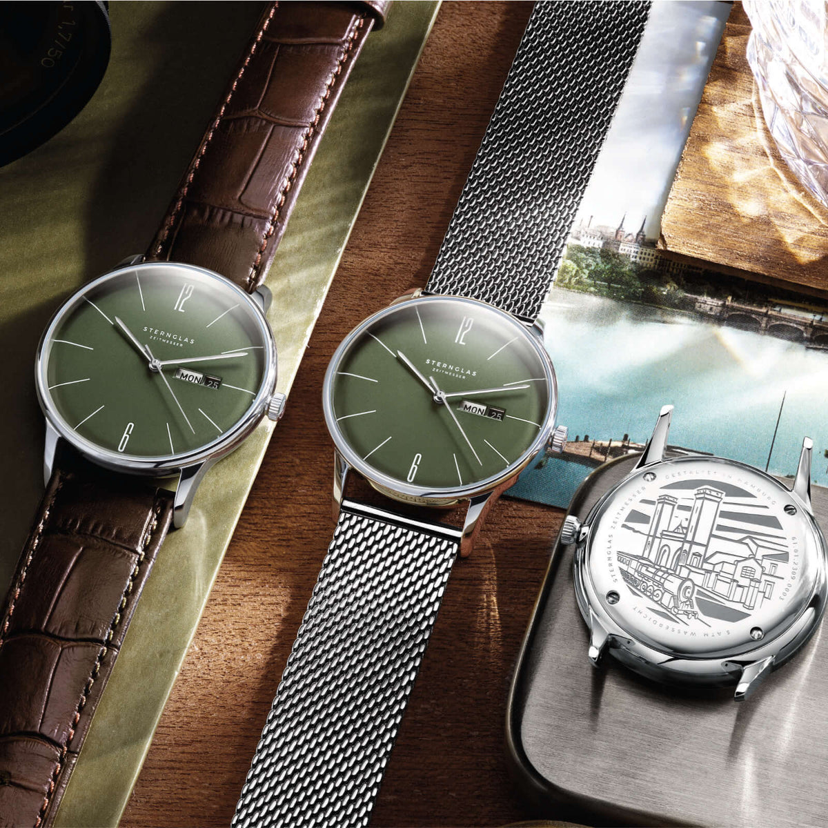 Sternglas "Berlin" Quartz Watch in Stainless Steel, Olive Green Dial