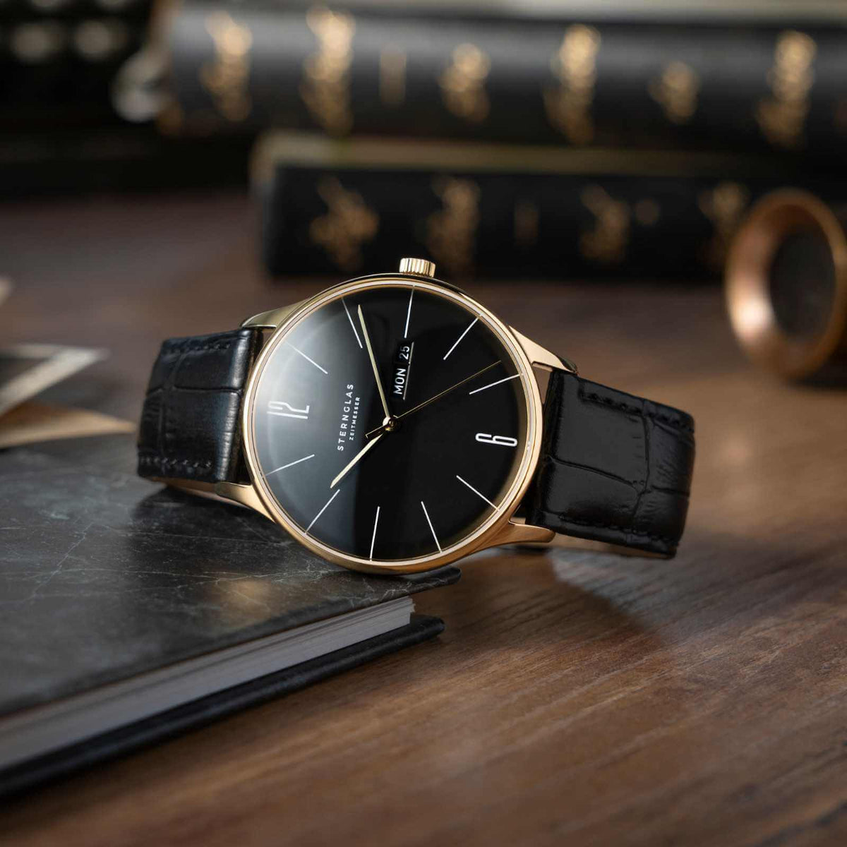 Sternglas "Berlin" Quartz Watch in Gold-Tone Steel, Piano Black Dial