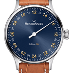 MeisterSinger 24H Edition single-hand watch with steel blue sunburst dial and cognac leather strap, front view