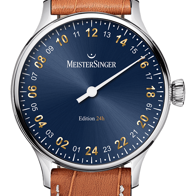 MeisterSinger 24H Edition single-hand watch with steel blue sunburst dial and cognac leather strap, front view