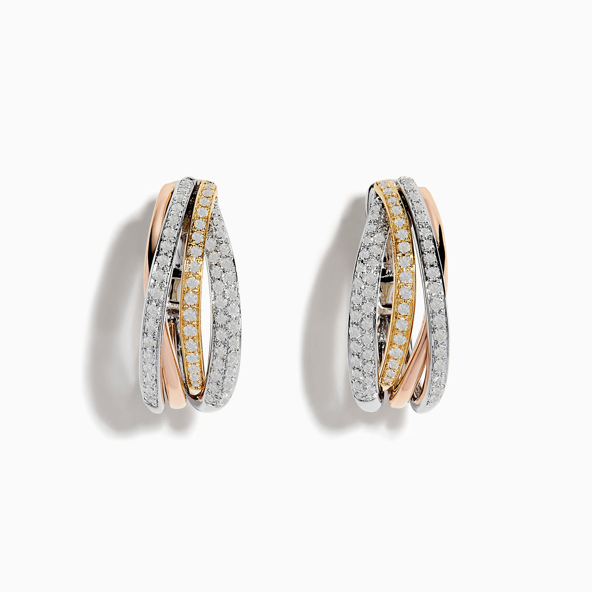 14K Tri Color 5/8" Diamond Crossover Hoop Earrings in 14K Gold, 0.52 ctw