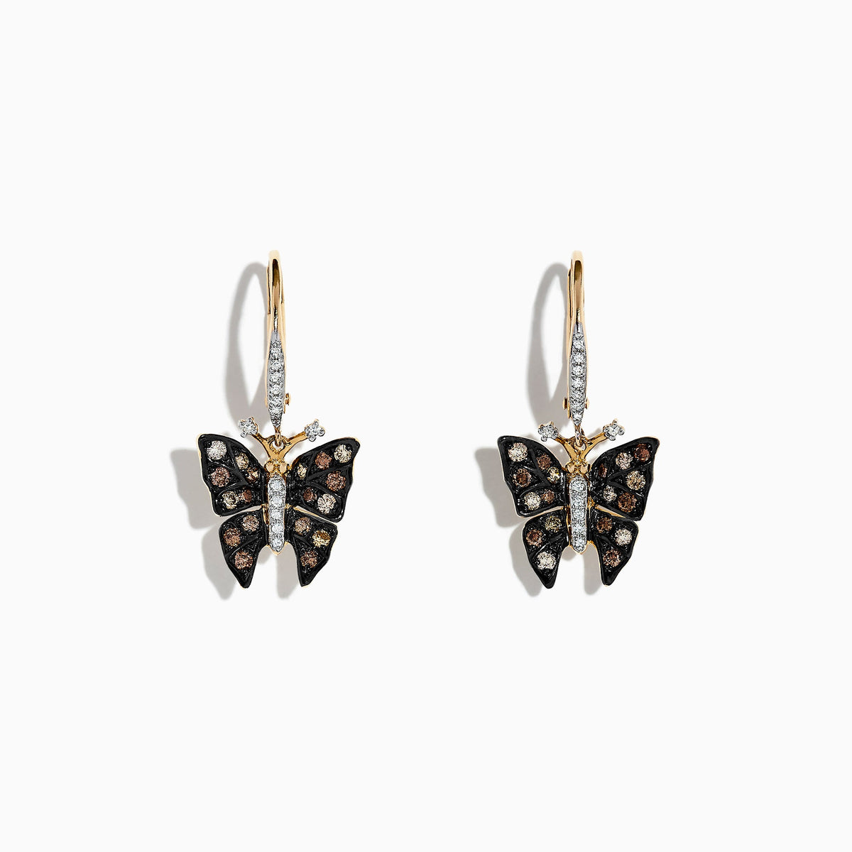 Espresso & White Diamond Butterfly Earrings in 14K Yellow Gold, 0.57 ctw