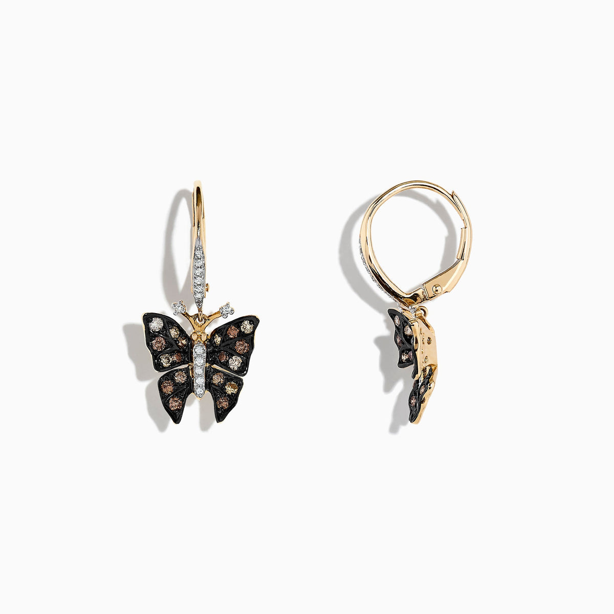 Espresso & White Diamond Butterfly Earrings in 14K Yellow Gold, 0.57 ctw view 2