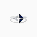 Sapphire and Diamond Whale Tails Ring in 14K White Gold, 0.18 ctw