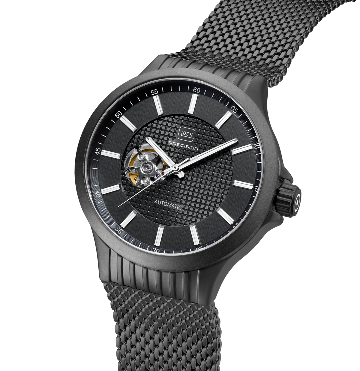 GLOCK Open Heart Automatic Watch in Gunmetal Steel, Gunmetal Dial, Gunmetal Bracelet