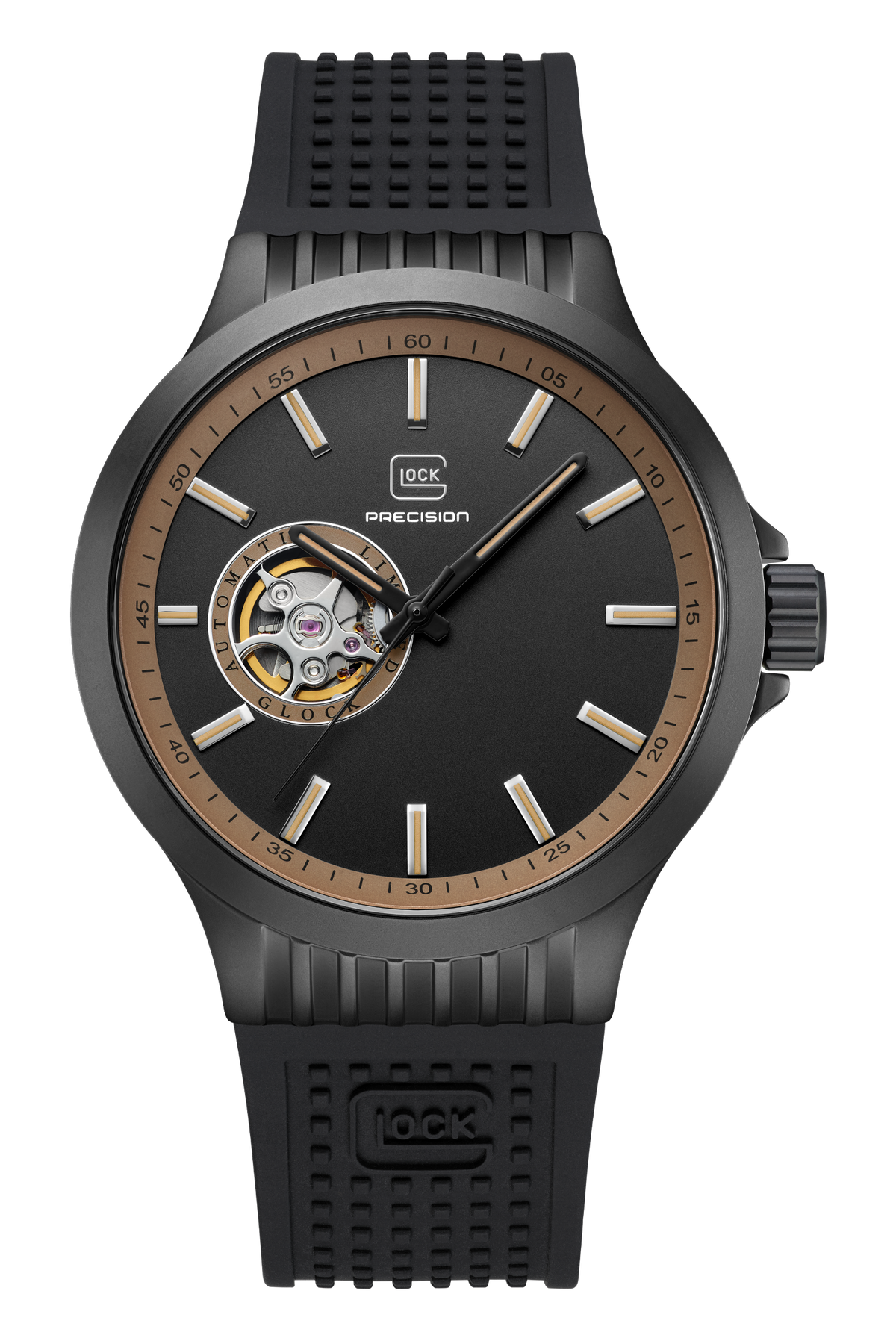 GLOCK Open Heart Automatic Watch in Gunmetal Steel, Black Dial, Black Strap