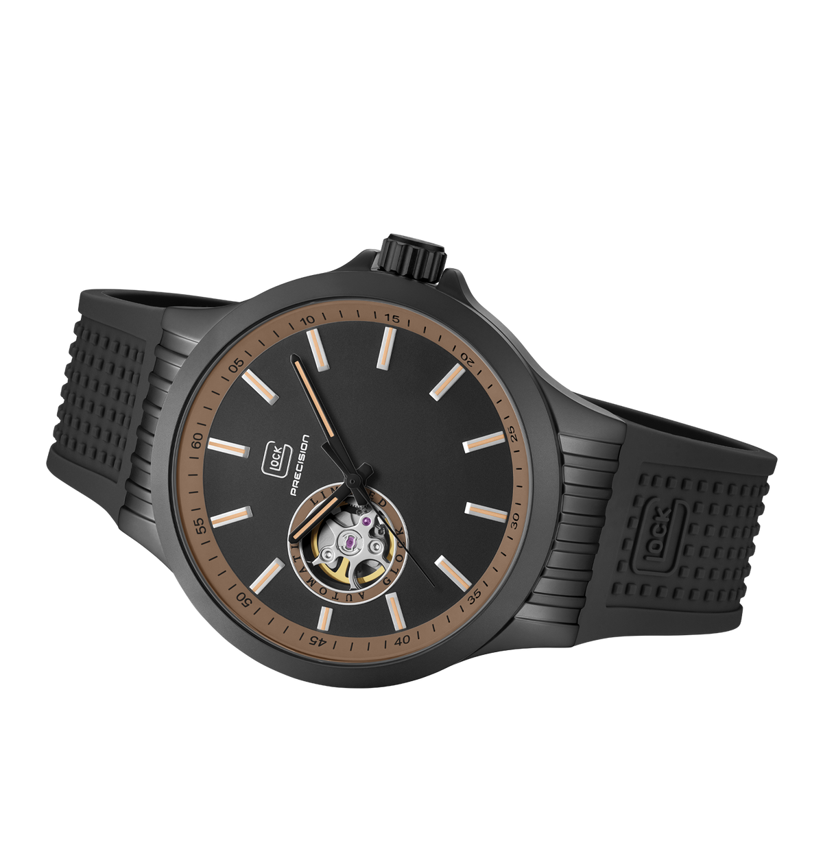 GLOCK Open Heart Automatic Watch in Gunmetal Steel, Black Dial, Black Strap