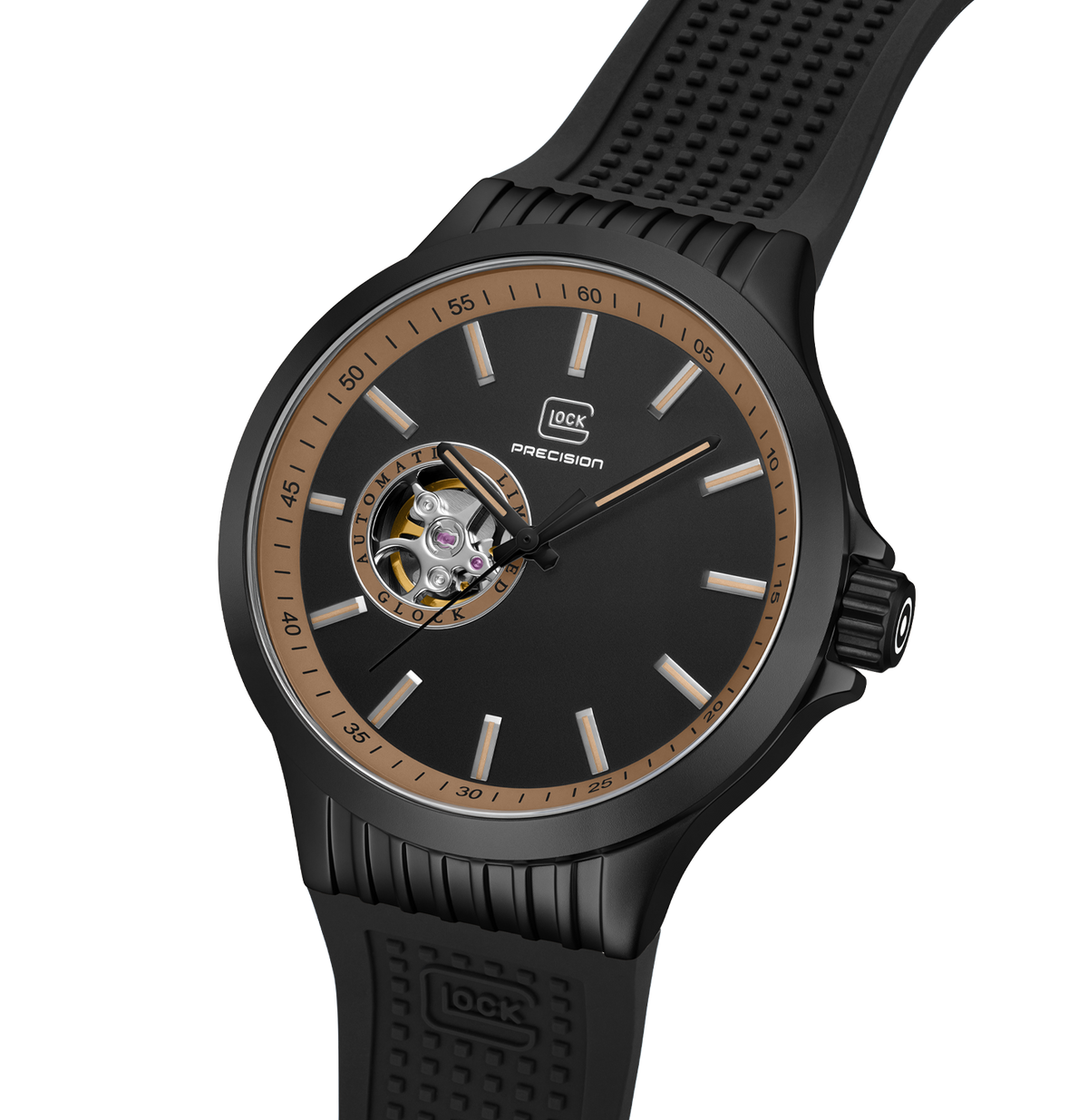 GLOCK Open Heart Automatic Watch in Gunmetal Steel, Black Dial, Black Strap