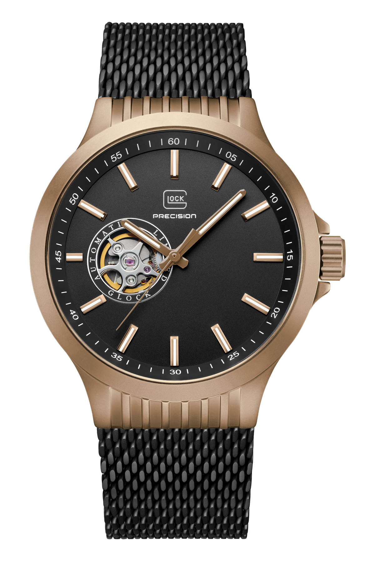 GLOCK Open Heart Automatic Watch in Coyote Steel, Black Dial, Black Bracelet