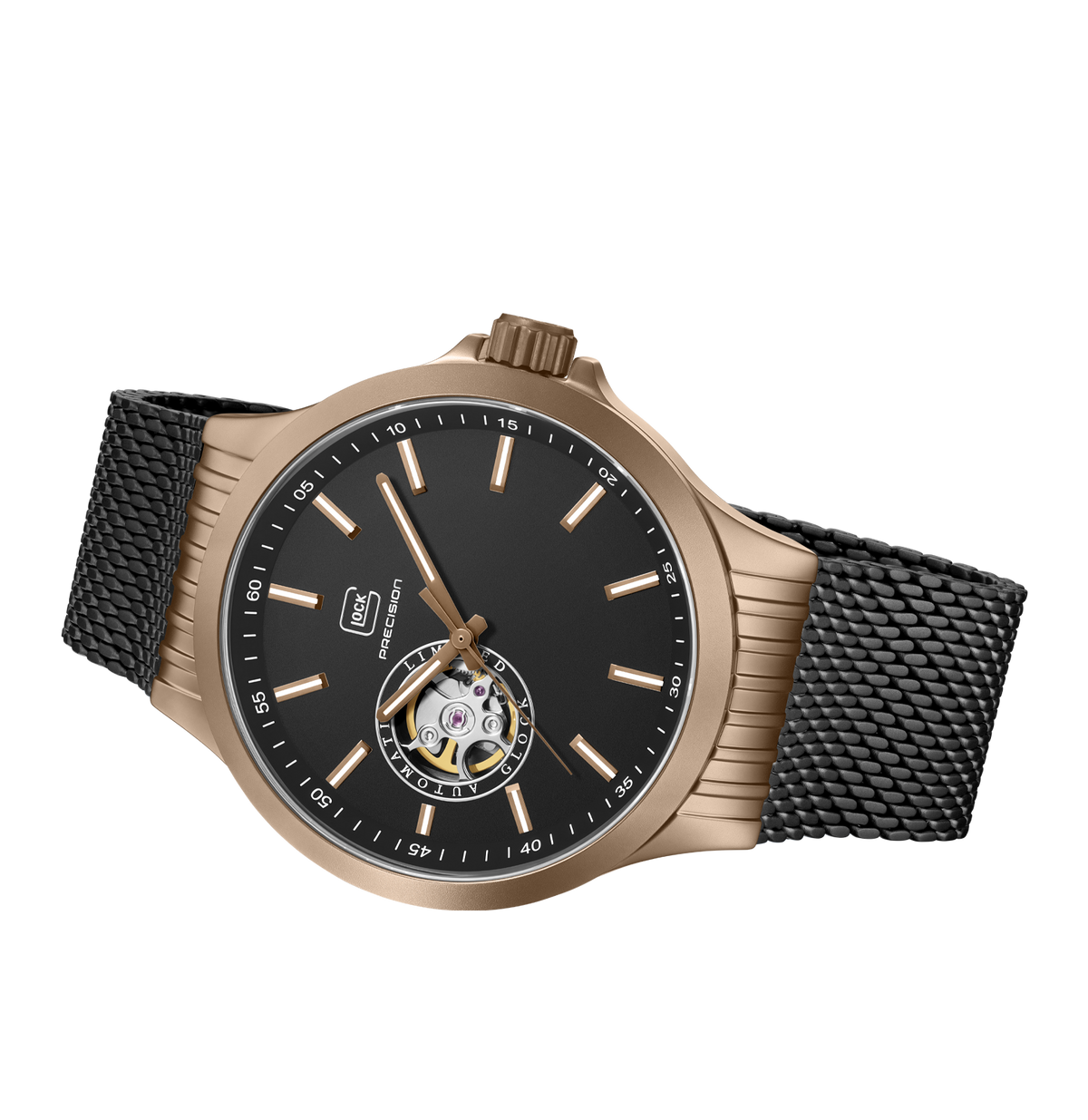 GLOCK Open Heart Automatic Watch in Coyote Steel, Black Dial, Black Bracelet