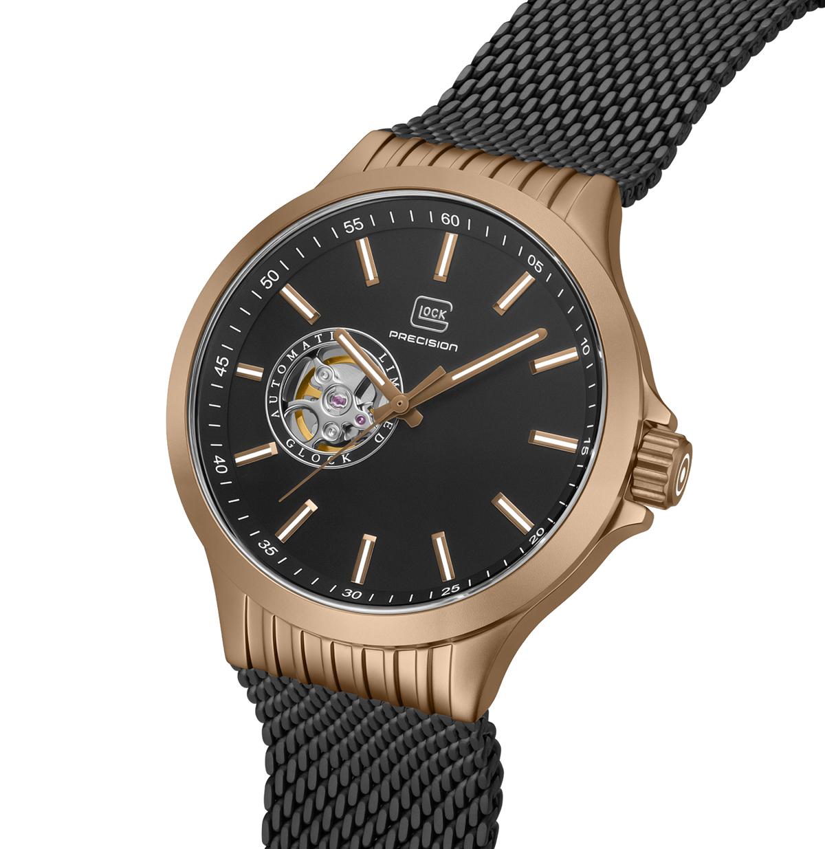 GLOCK Open Heart Automatic Watch in Coyote Steel, Black Dial, Black Bracelet