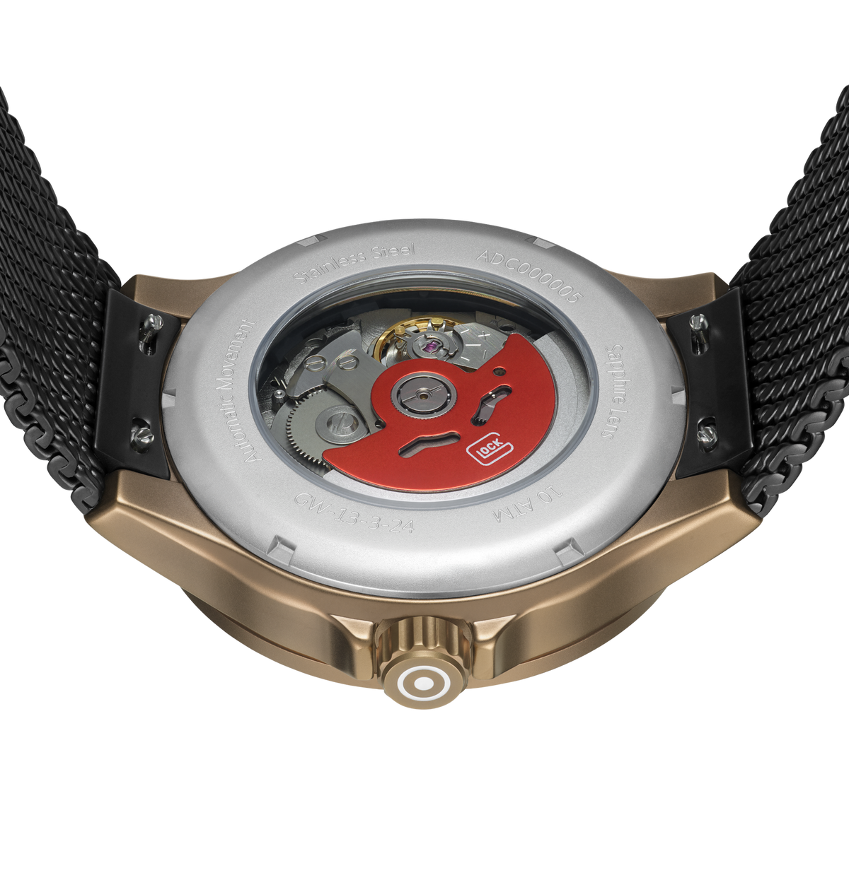 GLOCK Open Heart Automatic Watch in Coyote Steel, Black Dial, Black Bracelet